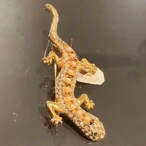 Vintage Gold Lizard with Green eyes and front to back rhinestones brooch New
